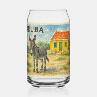 Aruba Donkey with Yellow Cunucu house watercolor Blikvorm Glas