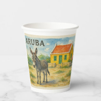 Aruba Donkey with Yellow Cunucu house watercolor Papieren Bekers