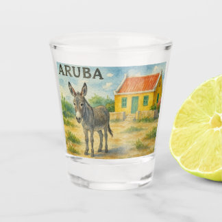 Aruba Donkey with Yellow Cunucu house watercolor Shot Glas