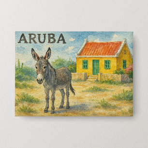 Aruba Ezel met Gele Cunucu huis aquarel Button