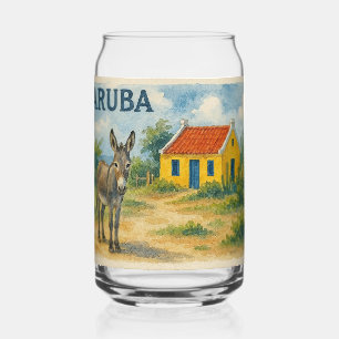 Aruba Geel Cunucu-huis met ezel aquarel Blikvorm Glas