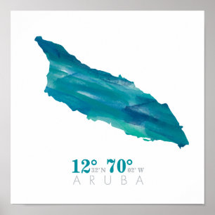Aruba Landkaart Coördinaten Aqua Blauwe Aquarel Poster