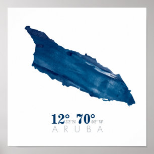 Aruba Map Blue Waterverf Coordinates Poster