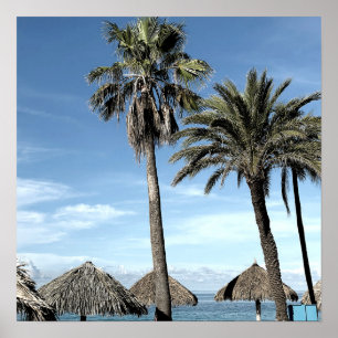 Aruba Ocean Uitzicht Palmbomen en strand Palapa Hu Poster