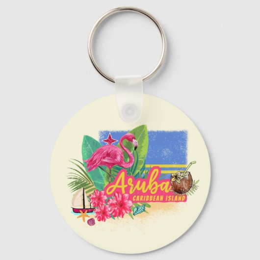 Aruba Retro Caribbean Island met Flamingo  Sleutelhanger (Voorkant)