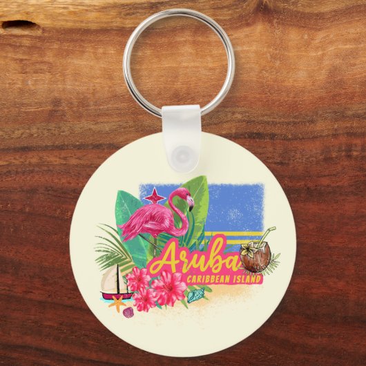 Aruba Retro Caribbean Island met Flamingo  Sleutelhanger (Voorkant)