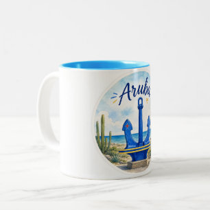 Aruba vlag anker Caribisch eiland reis souvenir Tweekleurige Koffiemok