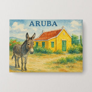 Arubaanse Ezel en Cunucu Huis Aquarel Button