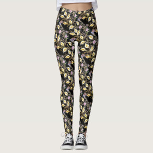 Arum Lily Artistic Floral Design on Black Leggings