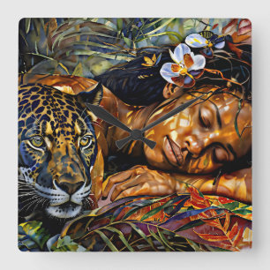 "Arumáya" Jaguar's Bloom - Vrouwen in het Amazoneg Vierkante Klok