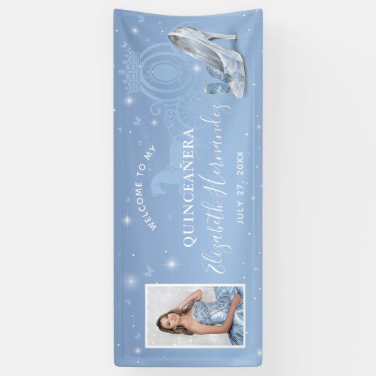 Asblauwe Quinceanera Feestelijke Verjaardagsfoto v Spandoek (Verticaal)