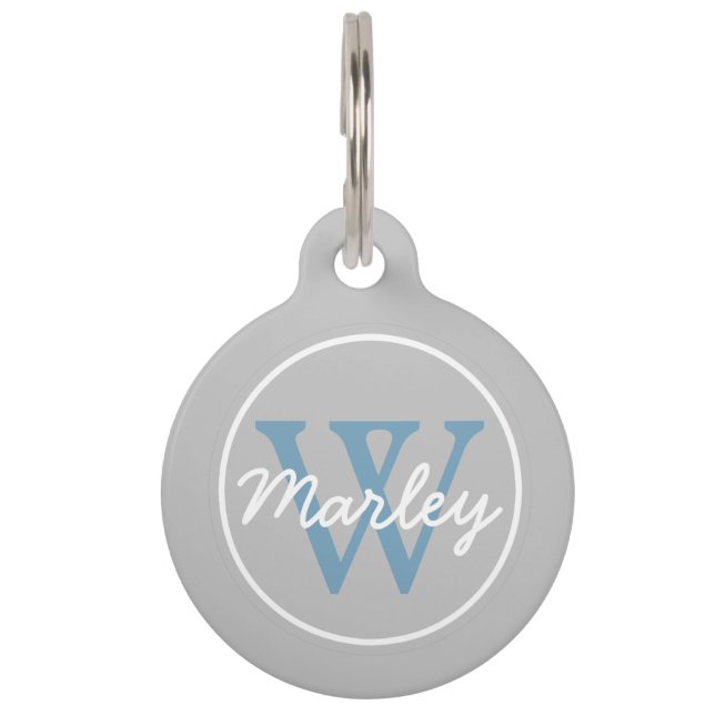 Asgrijs en Carolina Blue Monogram Huisdierpenning (Voorkant)