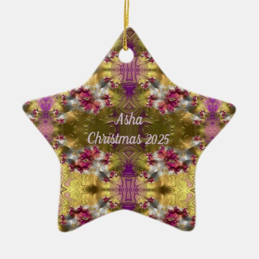 ASHA ~ Gold Kerstster Fractal ~ Keramisch Ornament (Voorkant)