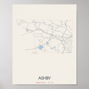 Ashby, Massachusetts Plan de rue Poster – Fondée e