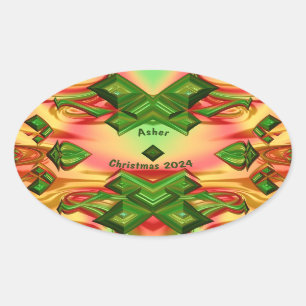 ASHER ~ KERST 2024 Groen Rood Geel Fractal ~ Ovale Sticker