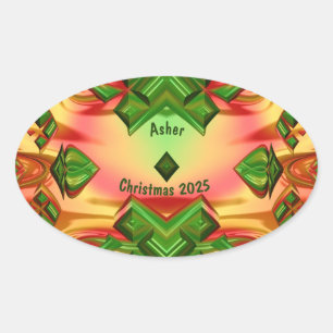 ASHER ~ KERST 2025 Groen Rood Geel Fractal ~ Ovale Sticker
