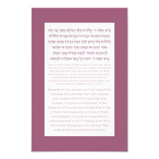 Asher Yatzar Hebrew Blessing Dusty Pink Foto Afdruk (Voorkant)