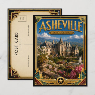 Asheville North Carolina Vintage Art Deco Goud Briefkaart