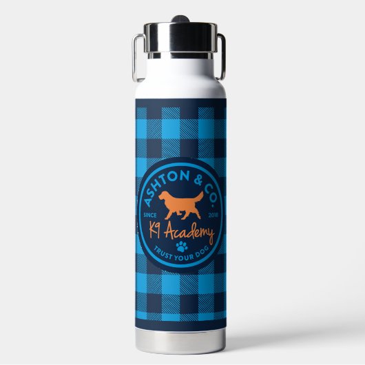 Ashton & Co. K9 Academy Blue Plaid Water Bottle Waterfles (Voorkant)