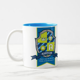 Ashton knight schild rood blauw naam betekenis Een Tweekleurige Koffiemok