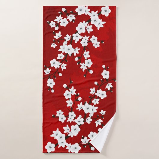 Asia Floral White Cherry Blossom Red Badhanddoek (Badhanddoek)