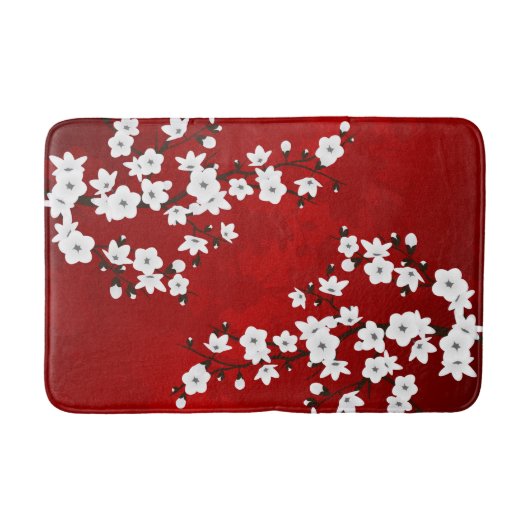 Asia Floral White Cherry Blossom Red Badmat (Voorkant)