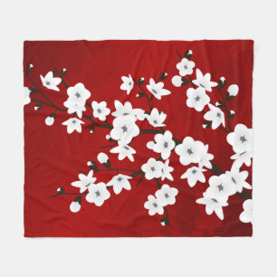 Asia Floral White Cherry Blossom Red Fleece Deken