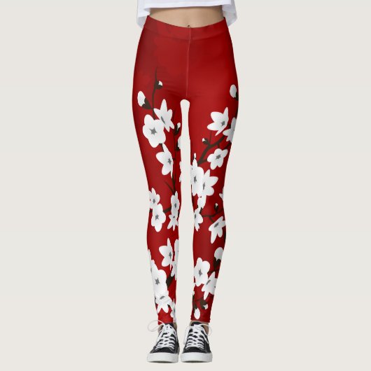 Asia Floral White Cherry Blossom Red Leggings (Voorkant)