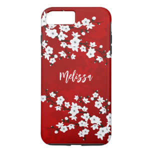 Asia Floral White Cherry Blossom Red Monogram iPhone 8 Plus / 7 Plus Hoesje