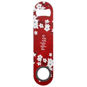 Asia Floral White Cherry Blossom Red Monogram Speed Flessenopener