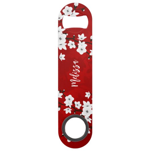 Asia Floral White Cherry Blossom Red Monogram Speed Flessenopener (Voorkant)