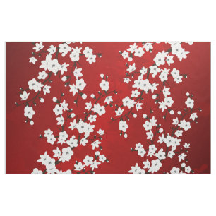 Asia Floral White Cherry Blossom Red Stof