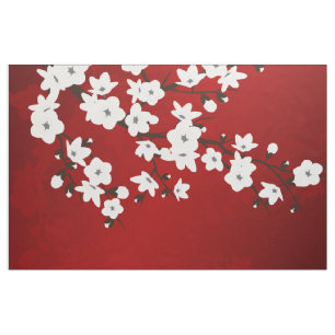 Asia Floral White Cherry Blossom Red Stof