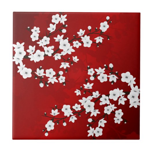 Asia Floral White Cherry Blossom Red Tegeltje (Voorkant)
