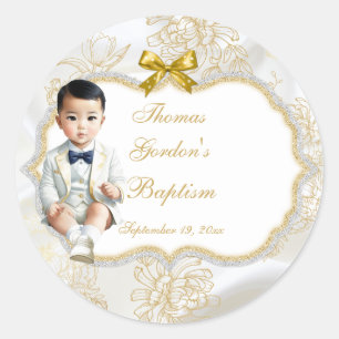 Asian Baby Boy Baptism Communauté White & Gold Ronde Sticker