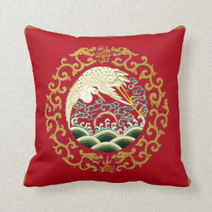 Asian Bird Art over Deep Red Background Pillow Kussen