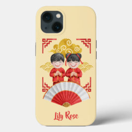 Asian Boy and Girl Illustration - Red White Gold iPhone 13 Hoesje