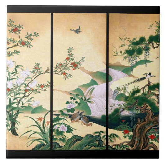 Asian Doves Wisteria Rozen Flowers Waterfall Tile Tegeltje (Voorkant)