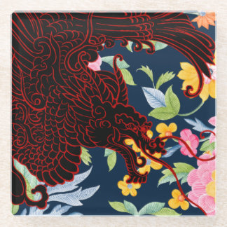 Asian Dragon - Zwart op Navy Floral Glazen Onderzetter
