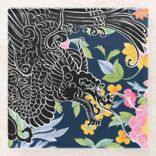 Asian Dragon - Zwart op Navy Floral Glazen Onderzetter