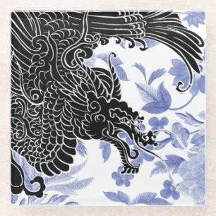 Asian Dragon - Zwart-wit op Blauwe Bloemen Glazen Onderzetter