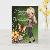 Asian Girl Beauful Flowers Happy Birthday Kaart 4 (Gele Bloem)