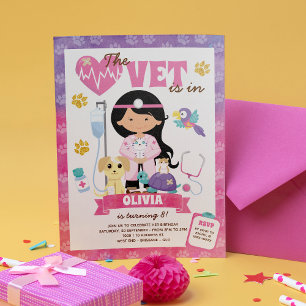 Asian Girl Vet Birthday Party Invitation Kaart