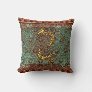 Asian Gold Dragon op gecorroded Metal-look Pillow Kussen
