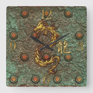Asian Golden Dragon Rusty Metal Fantasy Art Clock Vierkante Klok