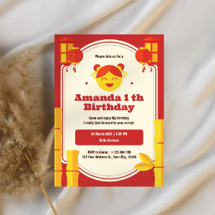Asian Lantern 1st Birthday Invitation Kaart