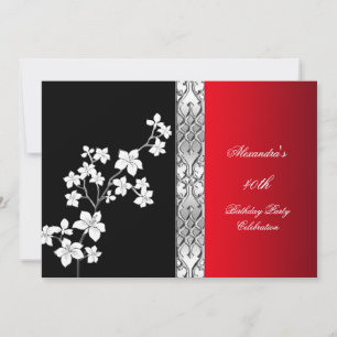 Asian Red Black Floral Silver White Birthday Party Kaart