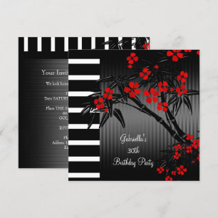 Asian Red Floral Black White Bamboo 30th Birthday Kaart