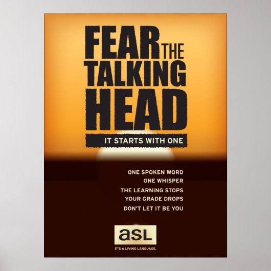 ASL klaslokaal poster. Vrees het Talking Head. Poster (Voorkant)
