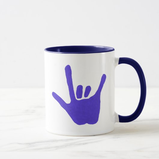 ASL Love hand in blue on mok (Rechts)